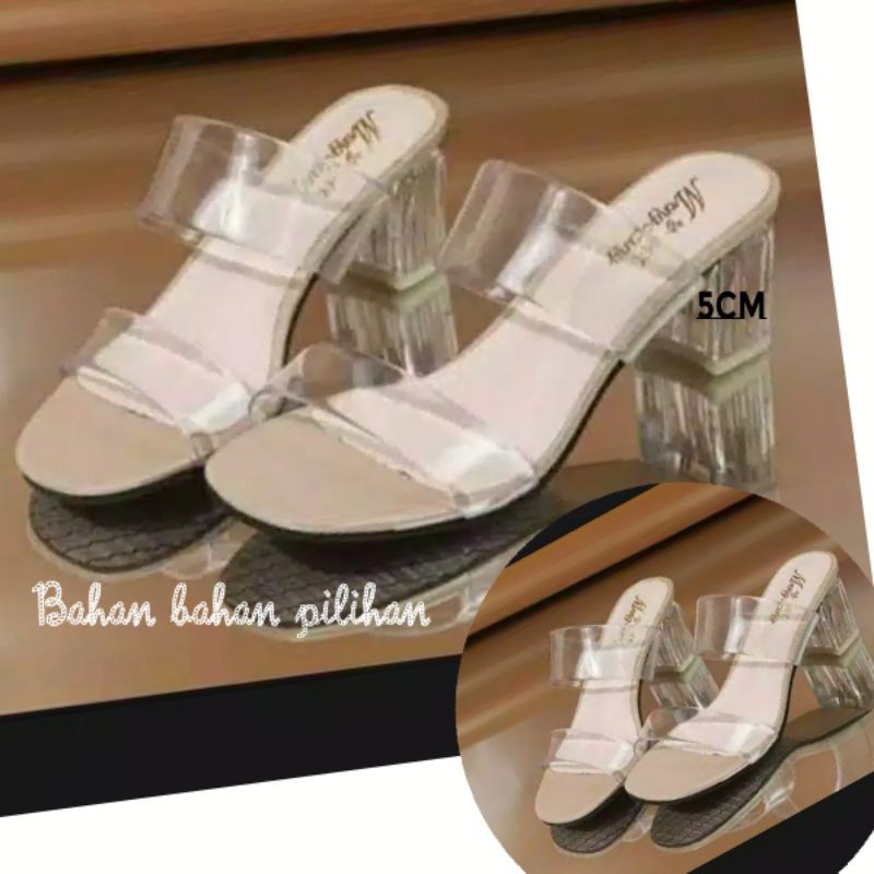 sandal HELS Wanita Hak Kaca transfaran 5cm