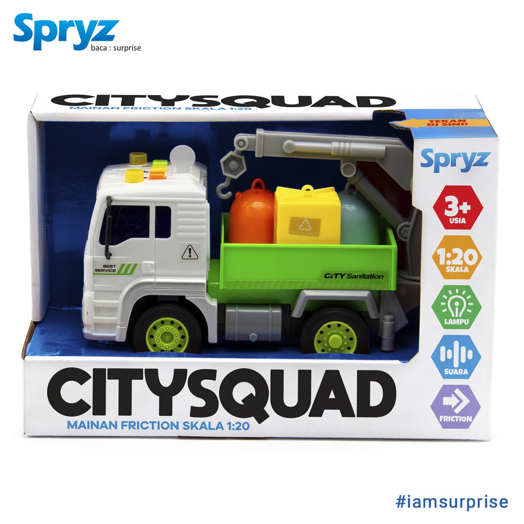 Mainan Truk Daur Ulang 1:20 Spryz Citysquad dengan Mesin Friction, Lampu &amp; Suara