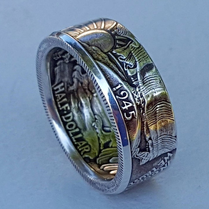 New style handmade coin ring vintage Morgan silver coin half dollar 1945 engraved ring 7-14