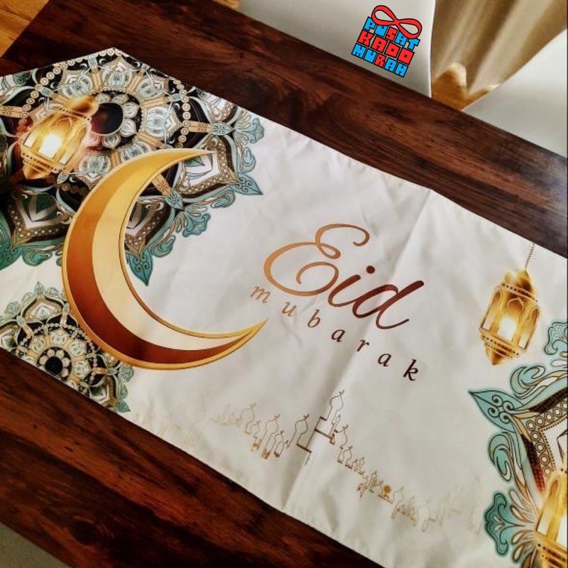 Table Runner Taplak Meja Print Motif Edisi Eid Mubarak Idul Fitri Lebaran Ramadan 140x40 cm - Pusat Kado Murah