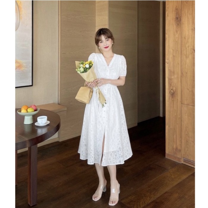 OFFICE MIDI WHITE DRESS CASUAL KOREAN FASHION ALLSIZE IMPORT NEW ARRIV