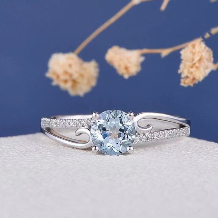 Cincin Nikah Silver S925 Hias Kristal Berlian Aquamarine Untuk Wanita