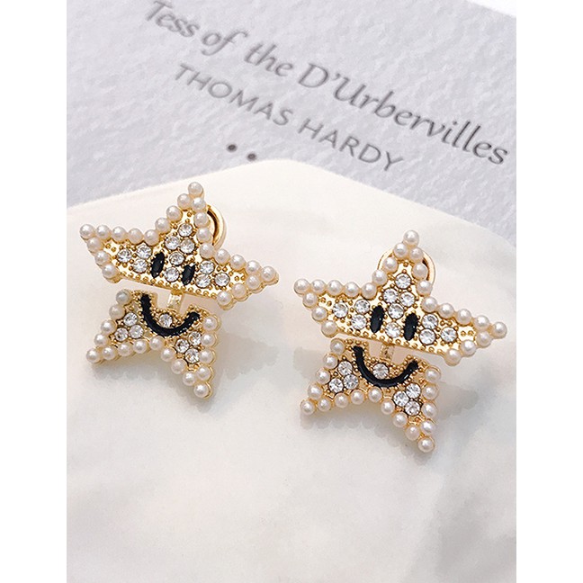 LRC Anting Tusuk Fashion Golden Smiley Pearl Earrings With Diamonds D68251