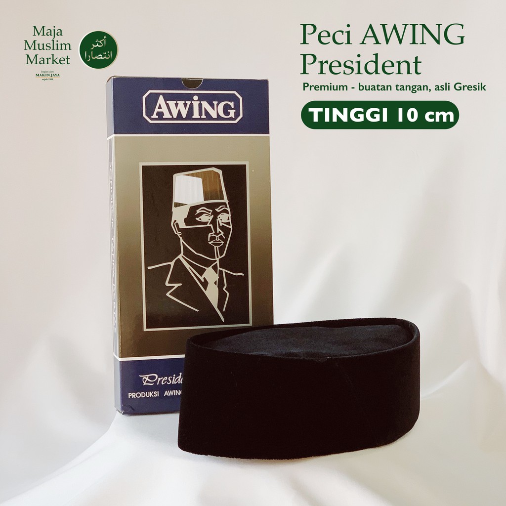 Peci Songkok Kopiah - PRESIDENT AWING Hitam Polos - TINGGI 10 CM - SIZE 3-12 ASLI GRESIK - TERMURAH