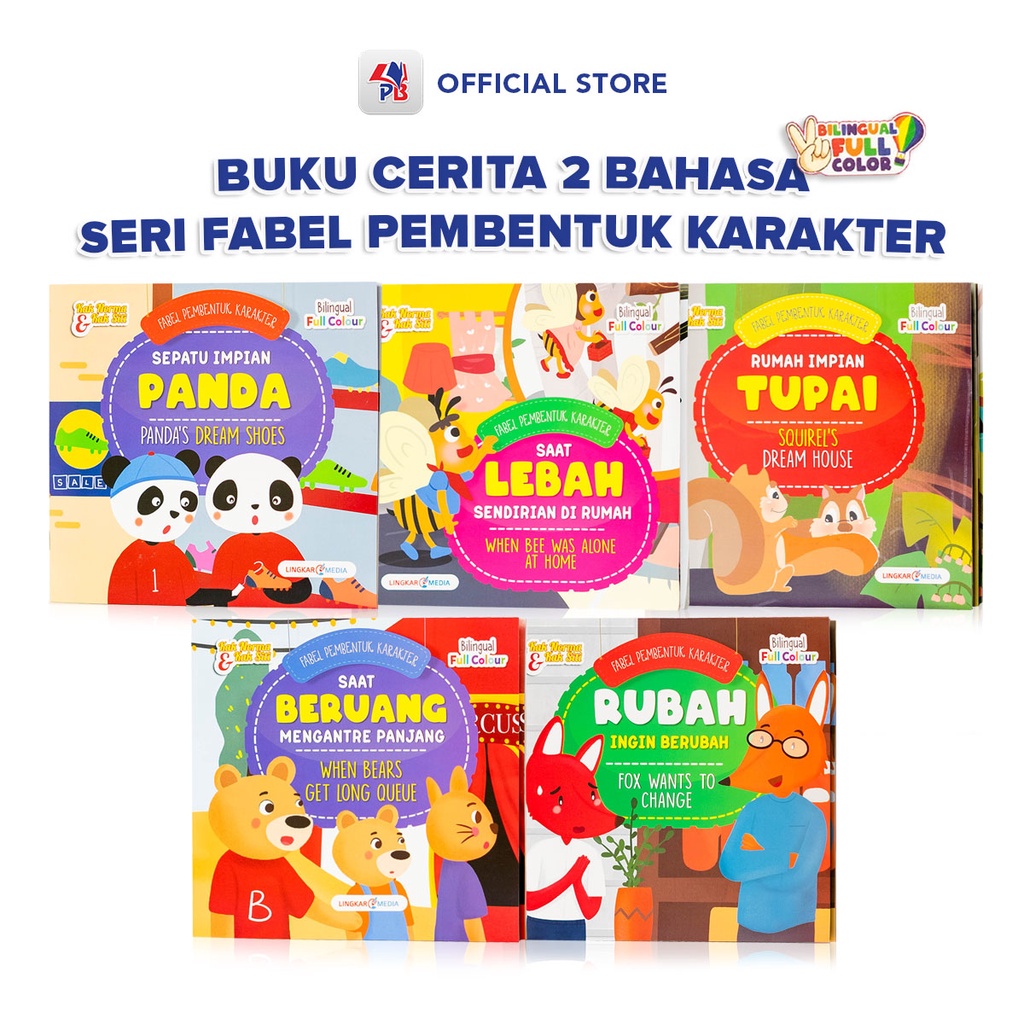 Buku Cerita Anak Bergambar / Buku Dongeng Anak Bergambar Bilingual Fabel Pembentuk Karakter Impian Panda Tupai Lebah Sendirian Beruang Antre Rubah Berubah