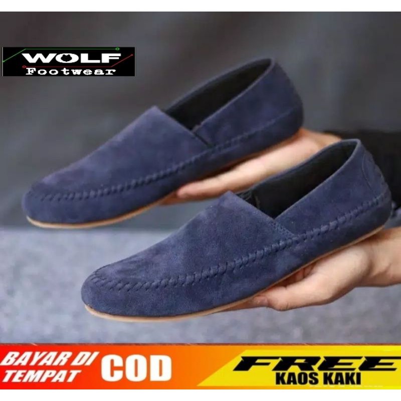 MARIO NAVY |WOLF x COZY| Sepatu Slip On Pria Santai Casual Pria Formal Suede Simpel Kerja Kantor