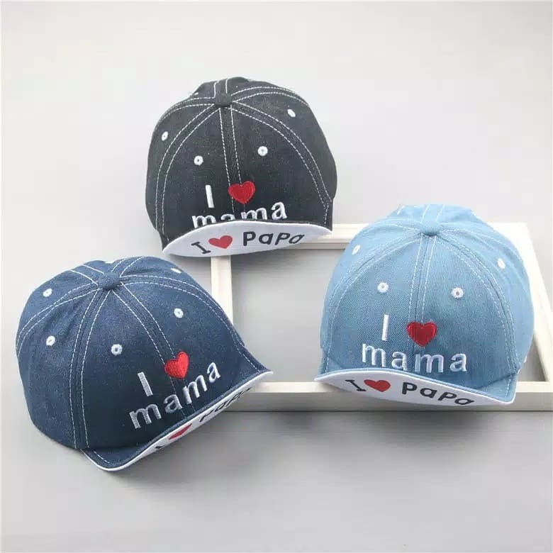 TOPI ANAK BAYI I LOVE MAMA PAPA TOPI BASEBALL DENIM LEMBUT BAYI IMPORT