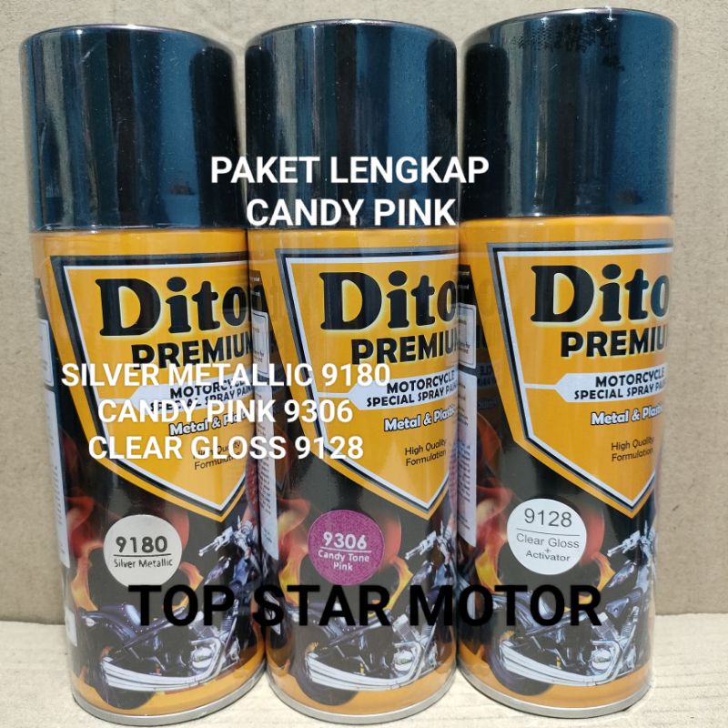 Pilok Paket Lengkap Cat Diton Premium Silver Metallic 9180 Candy Tone Pink 9306 Clear Gloss 9128 400cc.. Pilok Paketan Candy Tone Pink Cat Semprot Diton Premium 400cc