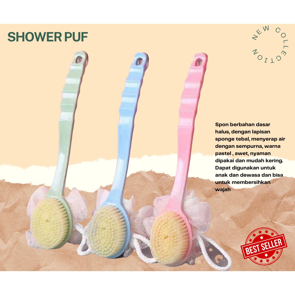 Shower Puff + Sikat Gosok Punggung Gagang Panjang Spons Mandi 2 Sisi