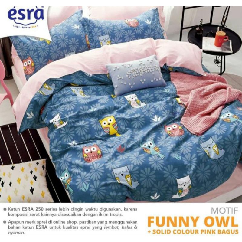 Sprei katun esra set bedcover motif Funny Owl ukuran 120*200
