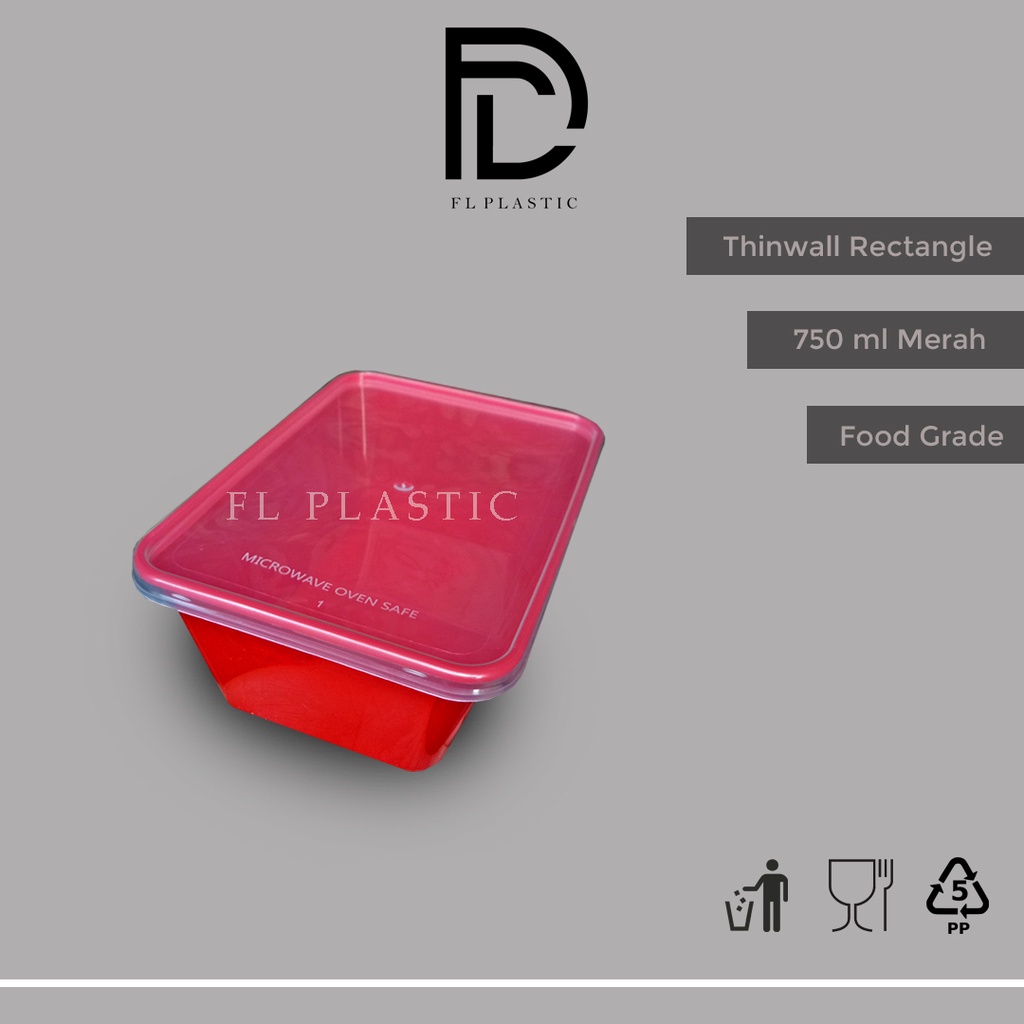 Thinwall Rectangle 750 ml Warna Merah Kotak Makan Food Container