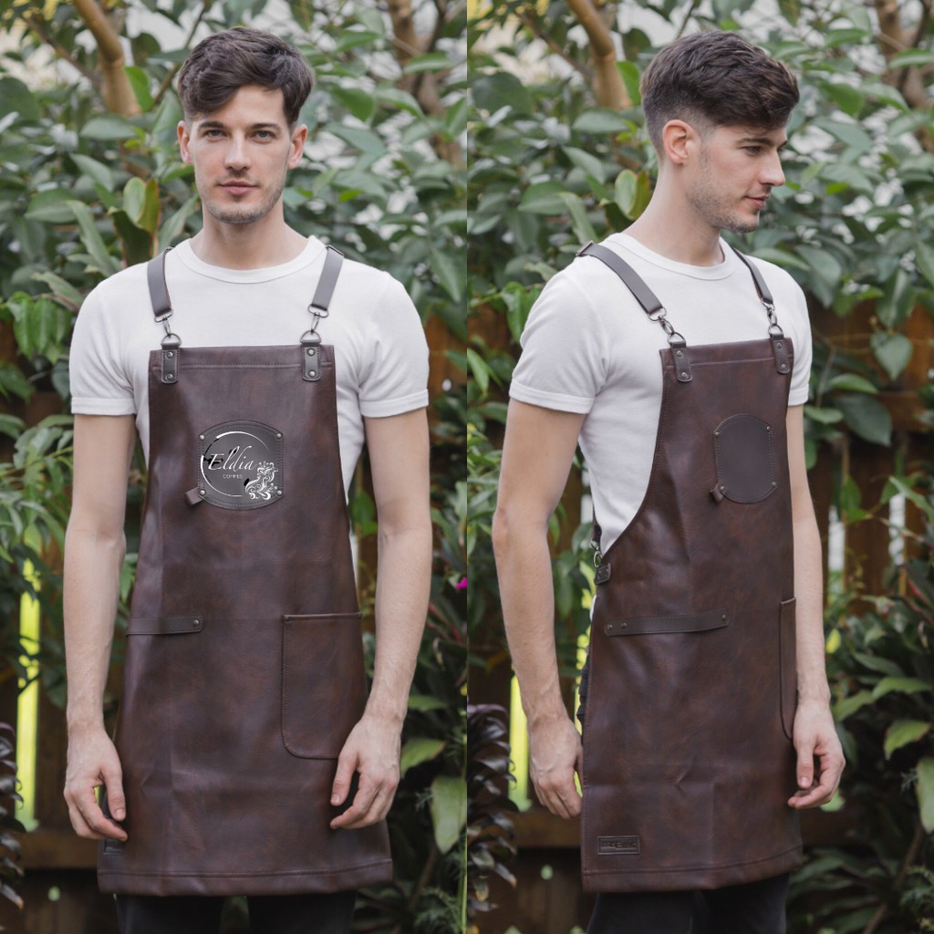 apron barista celemek barbershop celemek barista waiter koki masak full premium synthetic leather include bordir logo