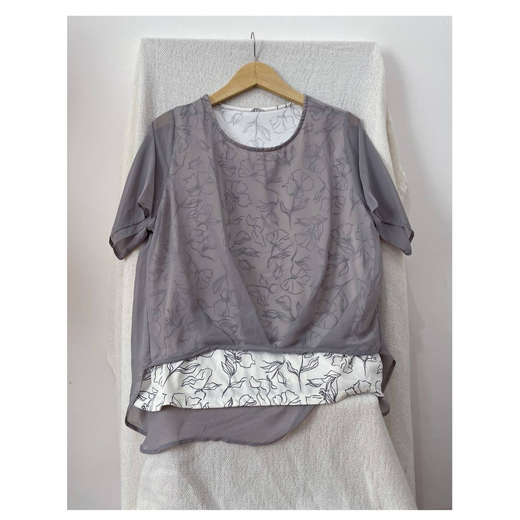 Uniqlo grey layered flowy floral blouse