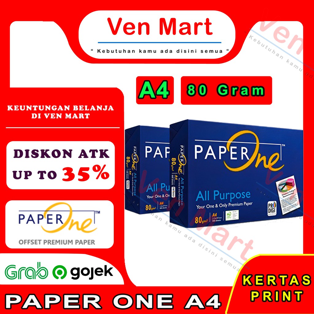 

Kertas HVS PAPER ONE A4 80 gram - KERTAS FOTO COPY A4 80 Gr [ 1 RIM ] KHUSUS GOJEK DAN GRAB