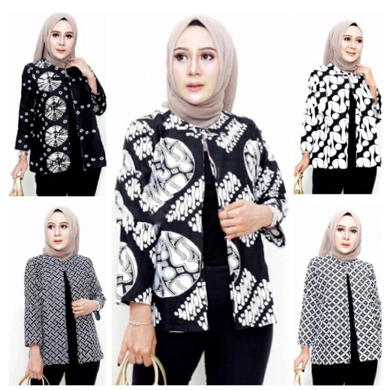 Atasan Wanita Batik Bolero  Monokrom 2in1 Katun Modern Hitam Putih Motif Premium Outerwear Seragam K