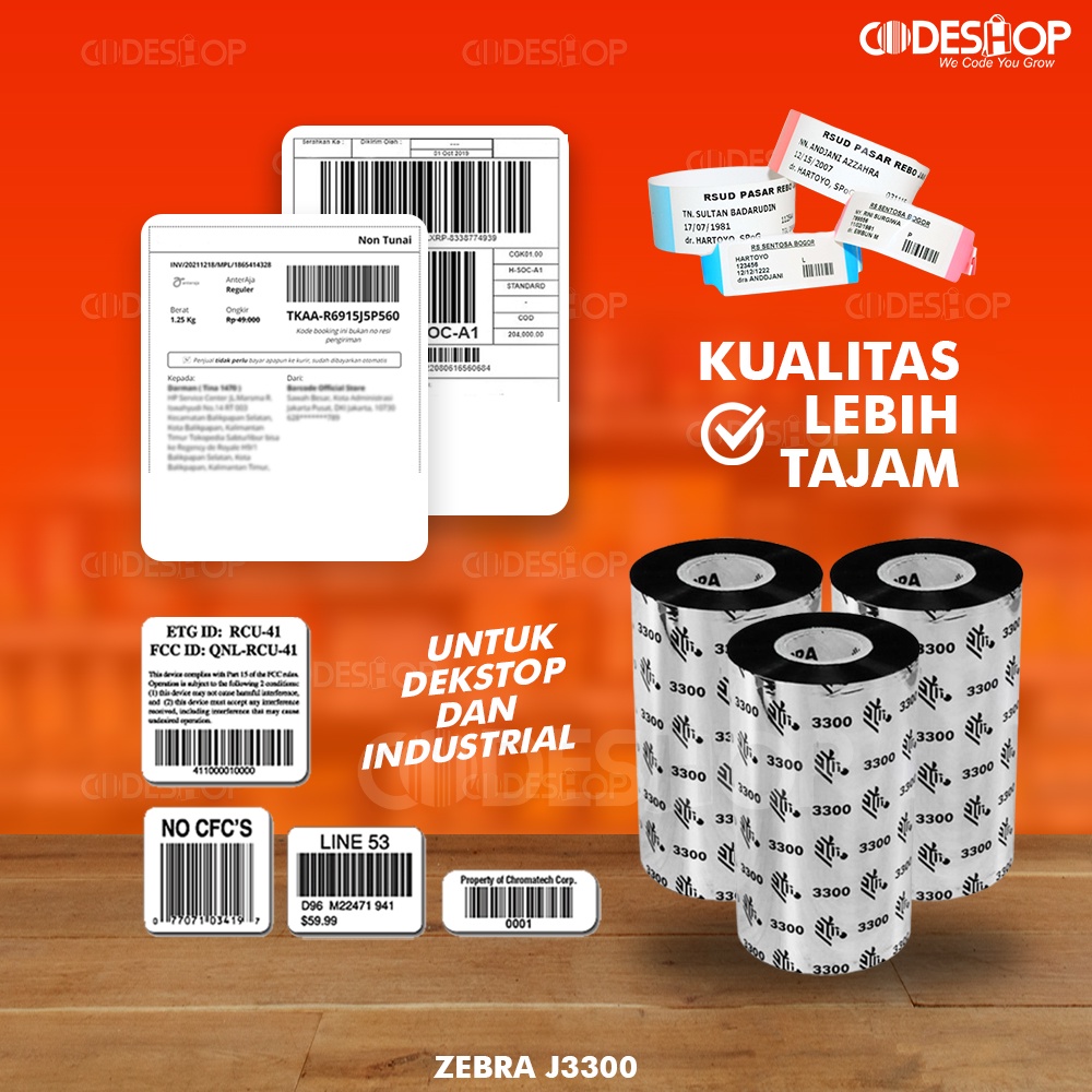 Ribbon Barcode Zebra J3300 Original Wax Resin 110 mm x 300 M