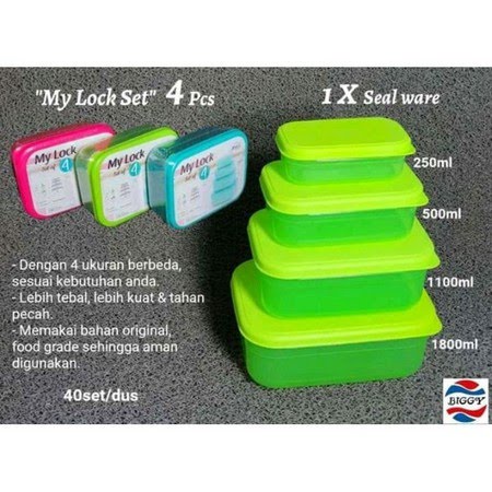 Toples Kotak Serbaguna My Lock Set 4pcs / Lunch Box Set Isi 4 / Tempat Makanan Bekal Rantang Piknik Tebal