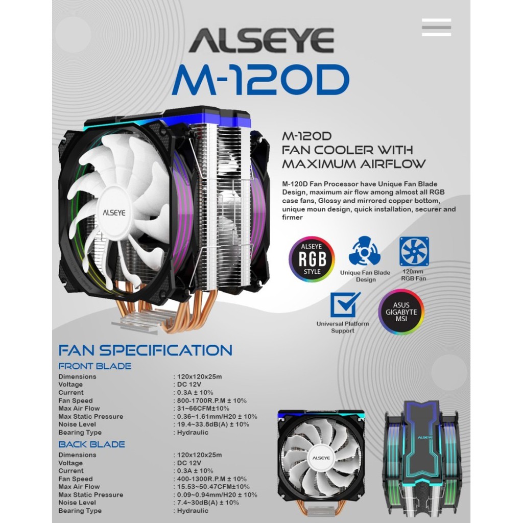 Alseye MAX M 120D CPU Cooler 4 Heat Pipe Gaming RGB  - Fan Processor