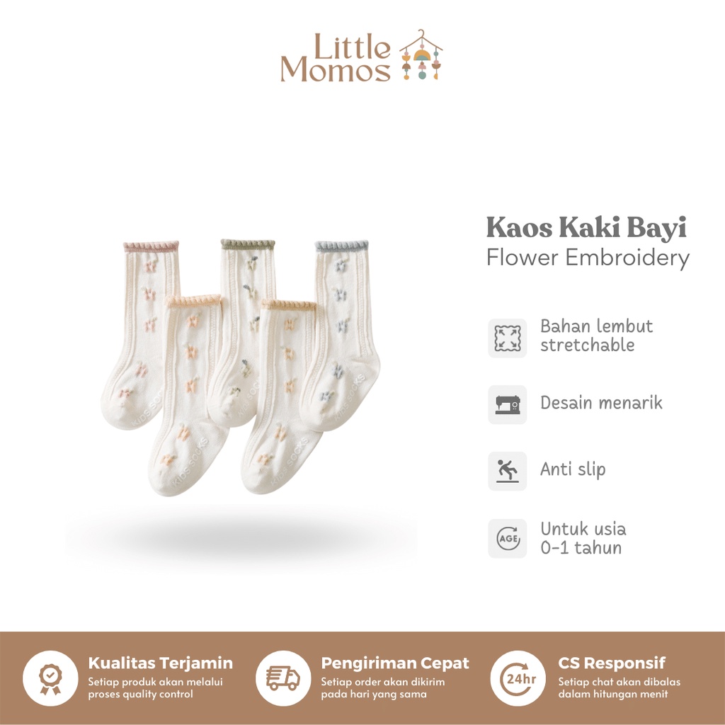 Little momos Kaos Kaki Panjang Anak Bayi Flower Embroidery 0-3 Tahun / Kaos Kaki Anak Perempuan Lucu dan Nyaman