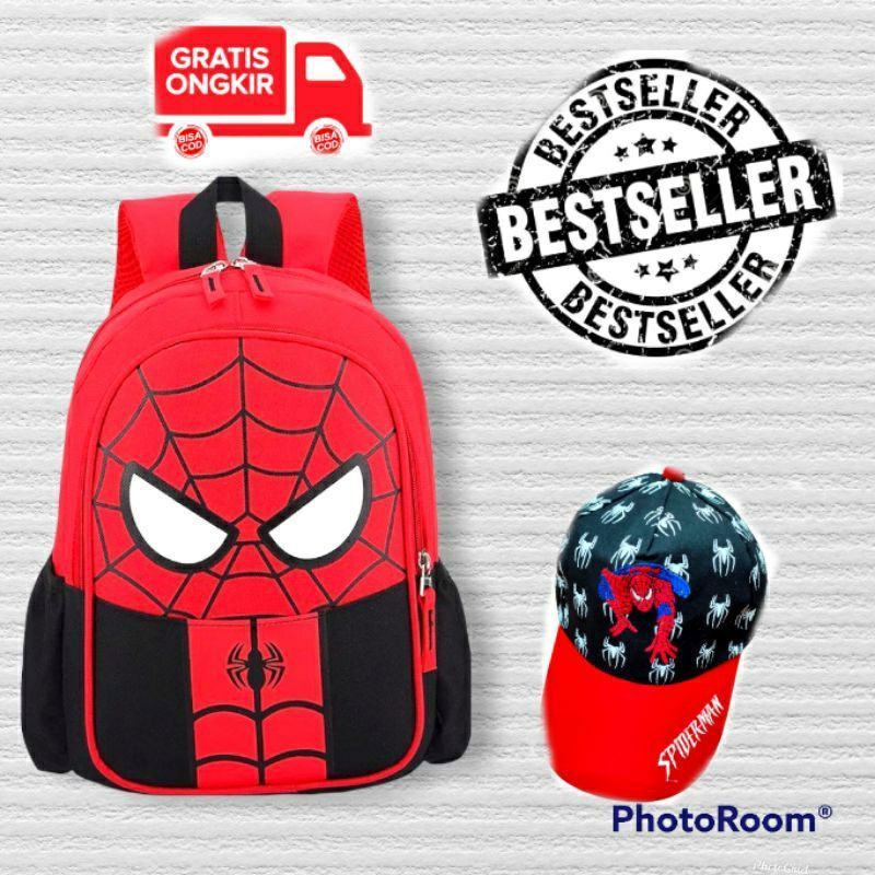 Tas Ransel Anak Sekolah TK-SD Laki-laki Karakter Spiderman Free Topi Bordir