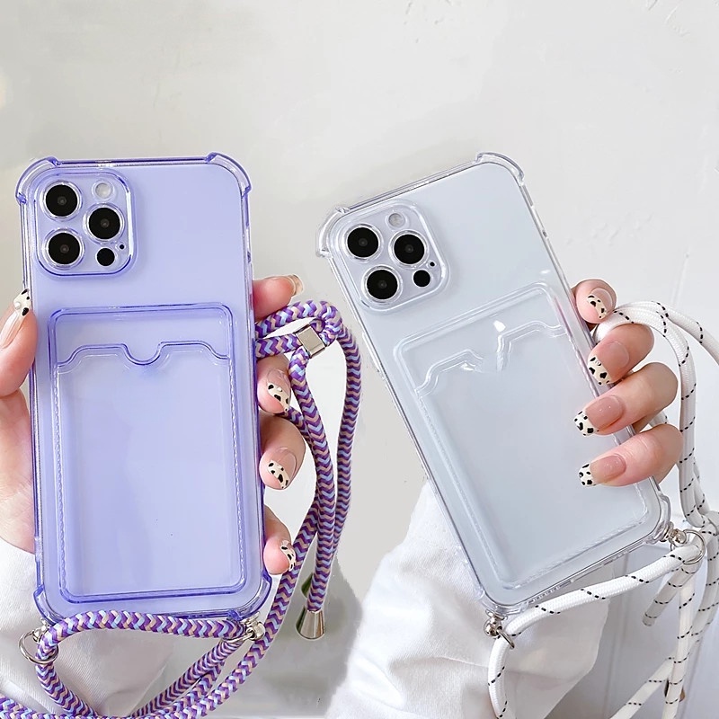 Case Holder Kartu Bening Shockproof Dengan Tali Untuk iPhone 14 Pro Max 13 Pro Max 11 12 Pro Max XS Max X XR 8 7 Plus SE