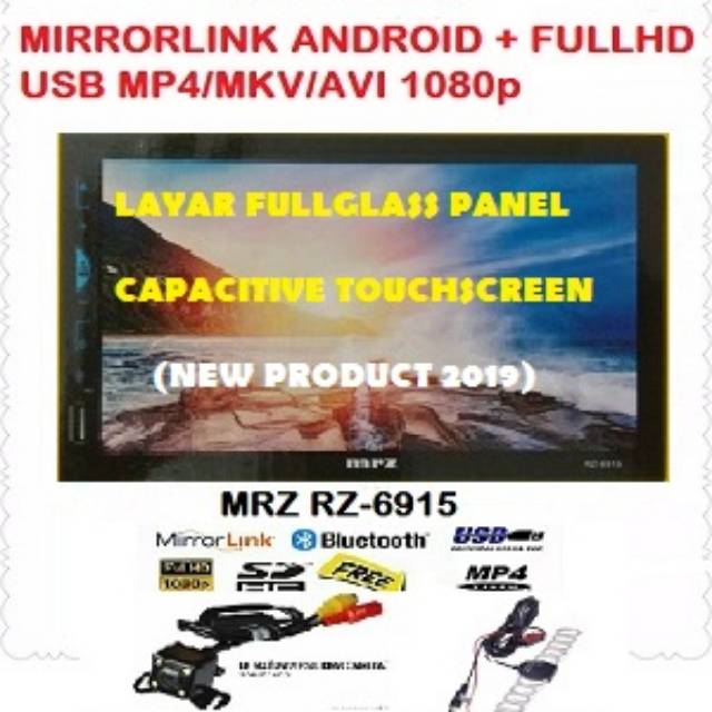 HEAD UNIT TAPE TV MOBIL DOUBLE DIN MRZ MIRROLINK, FULL HD USB MP4 MKV, LAYAR FULLGLASS+KAMERA+ANTENA