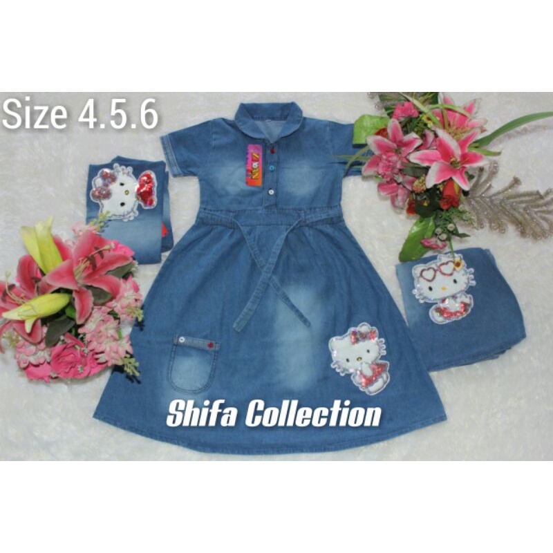 Dress Jeans Anak / Baju Jeans Anak / Baju Dress Anak Motif Karekter Boneka Hello Kitty / Bahan Jeans Ukuran 4 5 6 / M L XL