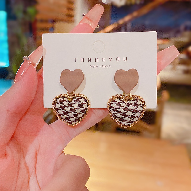 Anting S925 Silver Needle Bentuk Hati Houndstooth Warna Kopi Peach