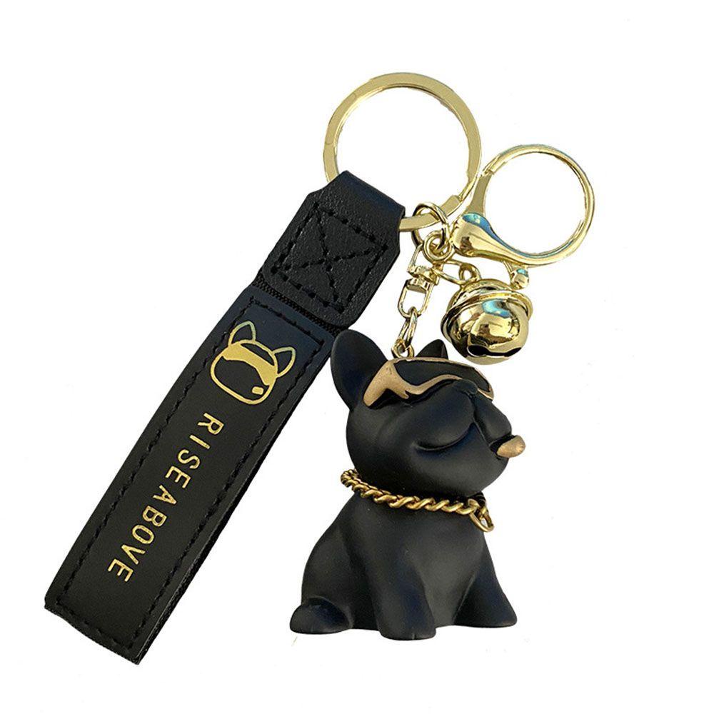 QUINTON Bulldog Anjing Gantungan Kunci Fashion Keren Hip Hop Lonceng Ornamen Pasangan Kacamata Perempuan Kunci Gesper Key Lanyard