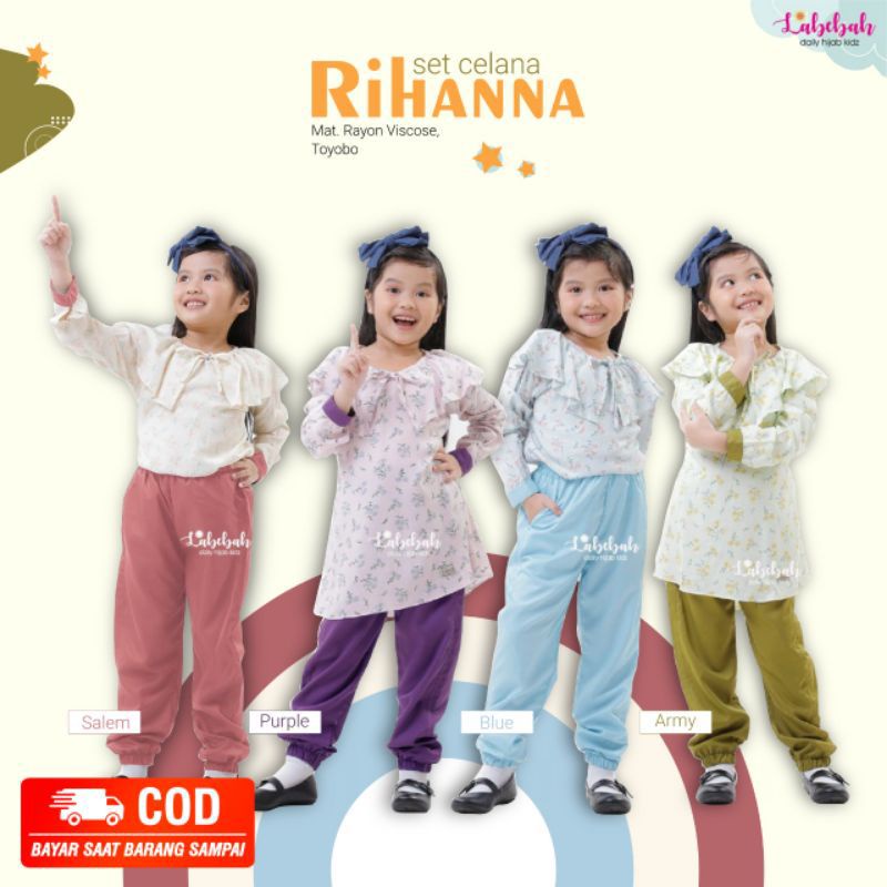 SETELAN MUSLIM LEBARAN ANAK CEWEK ATASAN BLOUSE RAYON MOTIF BUNGA CELANA PANJANG JOGGER CANVAS BAJU 