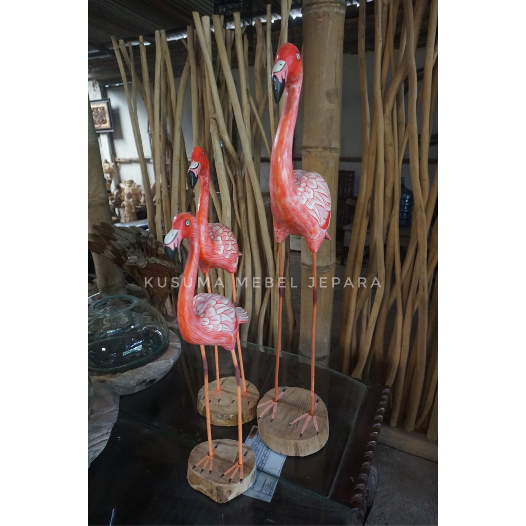 Set 3 Buah Patung Burung Bangau Kayu Trembesi