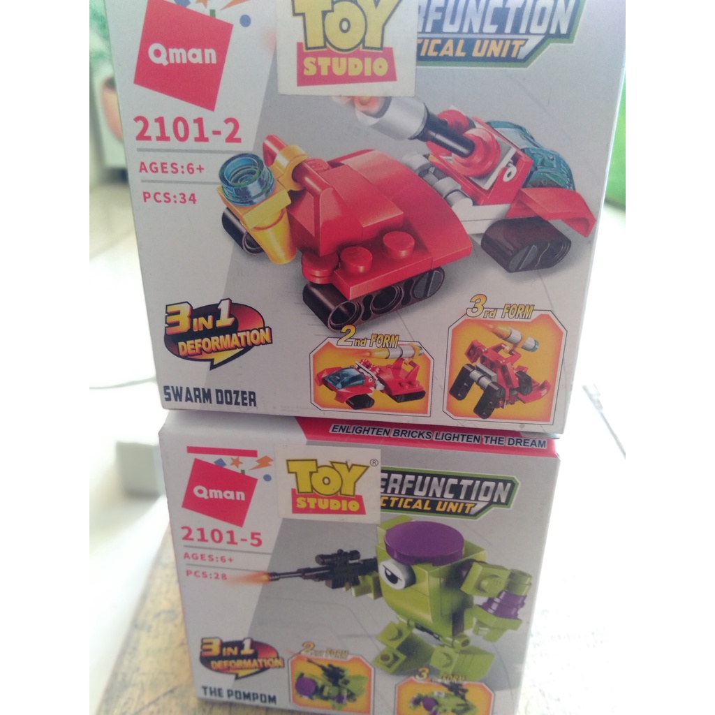 Mainan anak laki laki dan perempuan lego mini Qman 3 in 1 deformation construction hoist swarm dozer