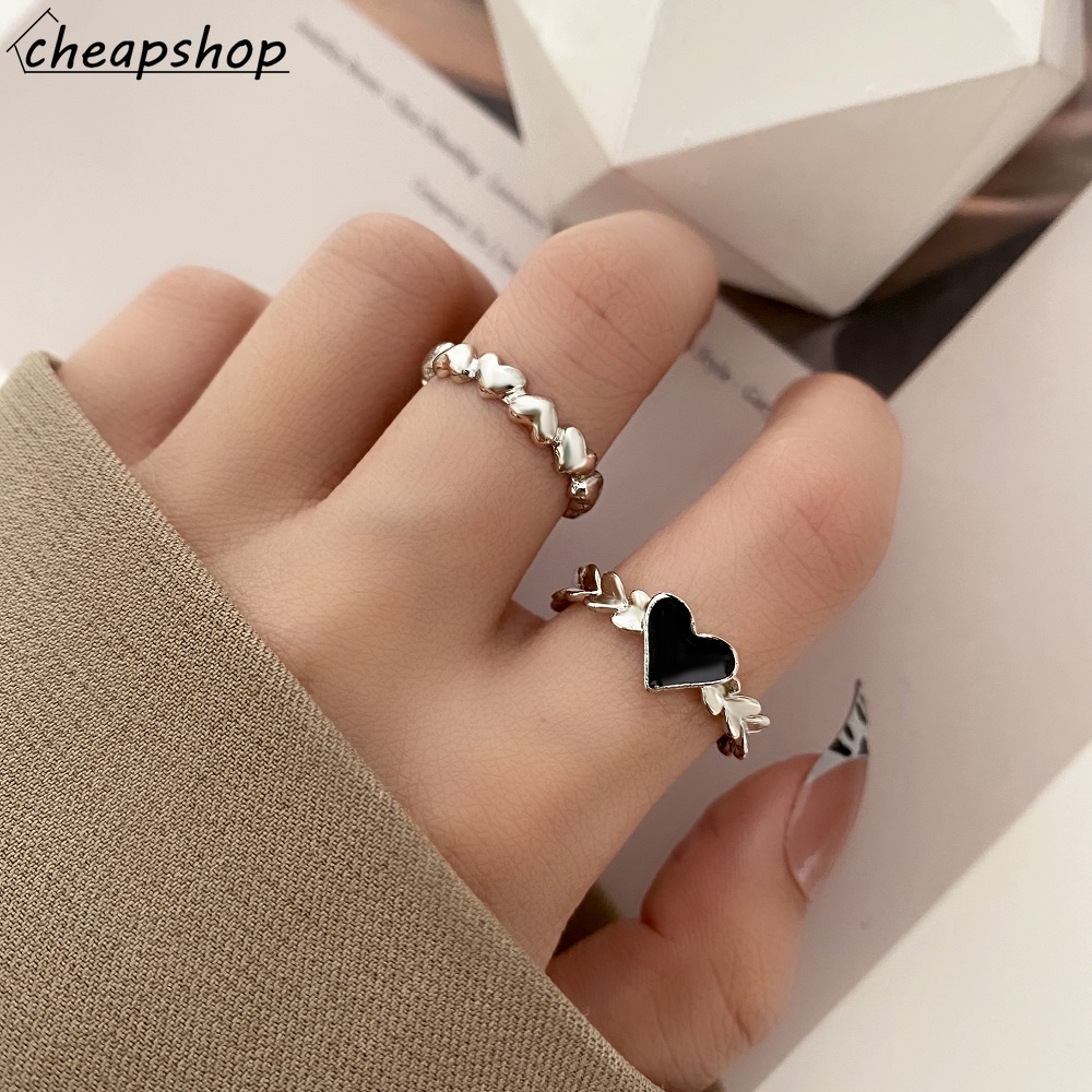 IFYOU 2pcs / set Cincin Jari Bentuk Hati Warna Hitam Gaya Vintage Untuk Wanita