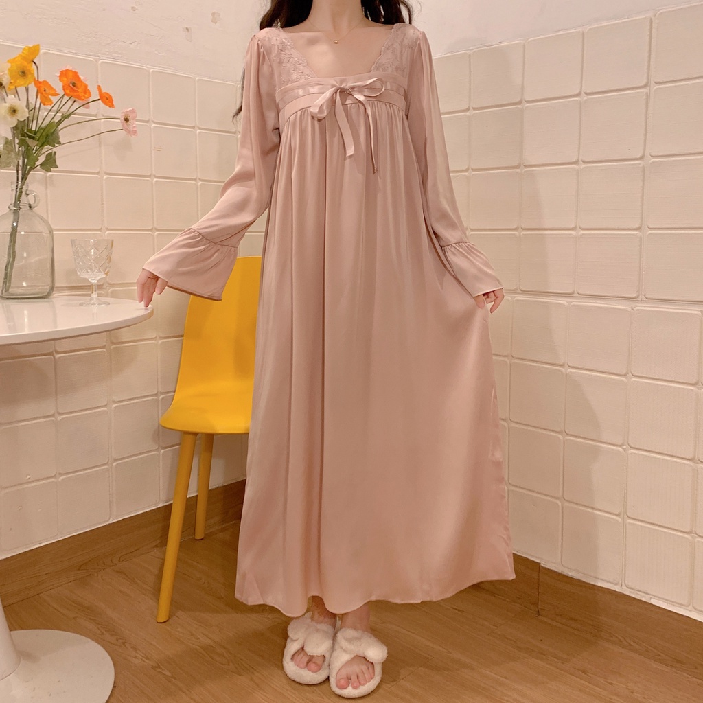 Emico - piyama dress maxi lengan panjang dengan gaun tidur renda model tradisional china