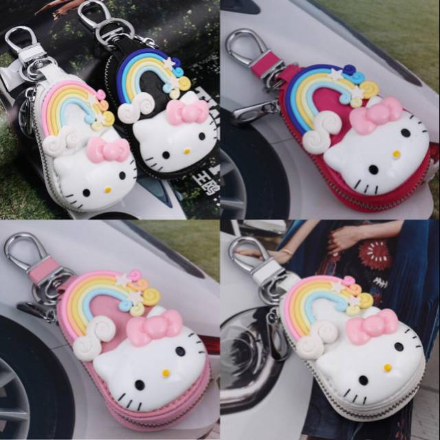 DOMPET KUNCI OVAL MOBIL STNK HELLO KITTT RAINBOW SANRIO BAHAN KULIT SINTETIS PREMIUM