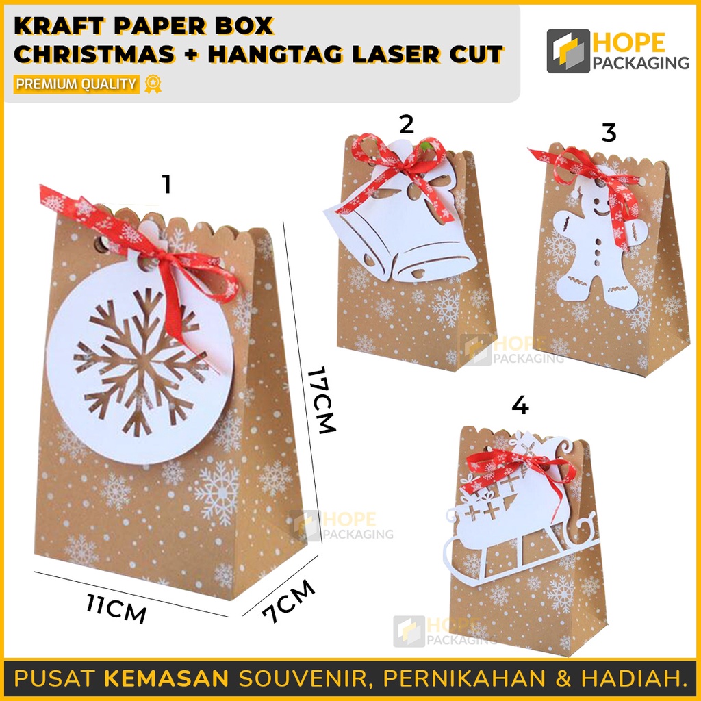 [3 pcs] Kraft Paper Box Natal + Hangtag snowflakes Tas Kertas Coklat Motif  Souvenir Natal Pita Merah