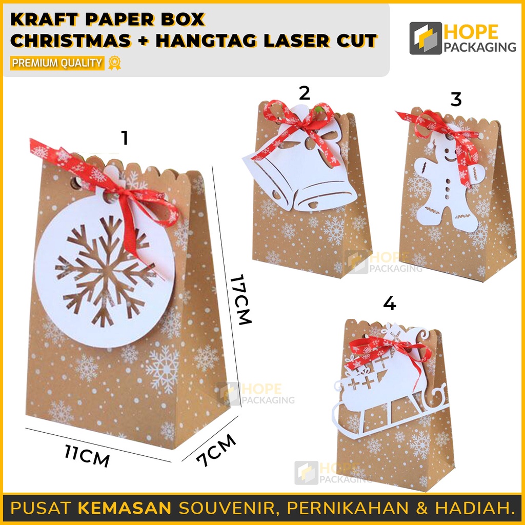 [3 pcs] Kraft Paper Box Natal + Hangtag snowflakes Tas Kertas Coklat Motif  Souvenir Natal Pita Merah