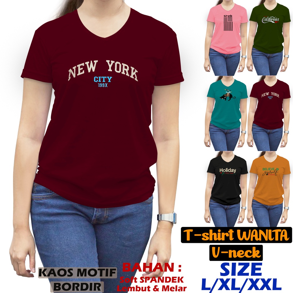 MyBlouse.store-Kaos Wanita Lengan Pendek V neck / Tshirt Wanita Motif Bordir tulisan leher V / Kaos Wanita V neck Lengan Pendek murah
