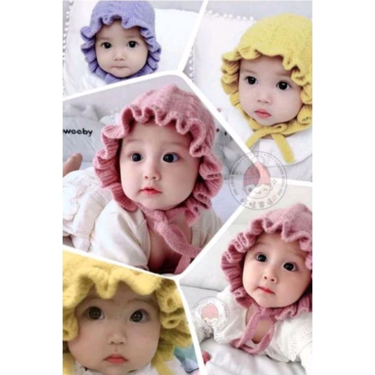 Kupluk rajut bonnet ruffle baby new brown 0sd 1thn