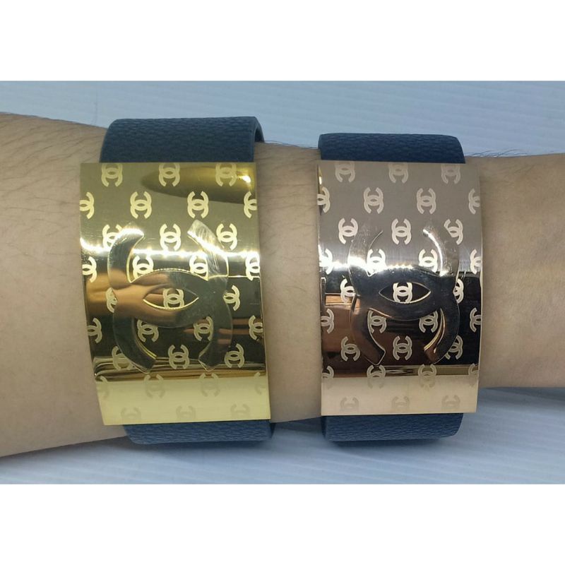Gelang Kulit Kancing Titanium Branded CHENEL Import Premiun Anti Karat GL363
