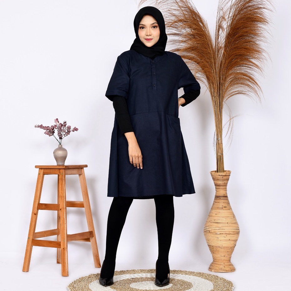 Dress Casual Wanita Oversize bahan Linen Rami Maxi Dress Kantor Simple