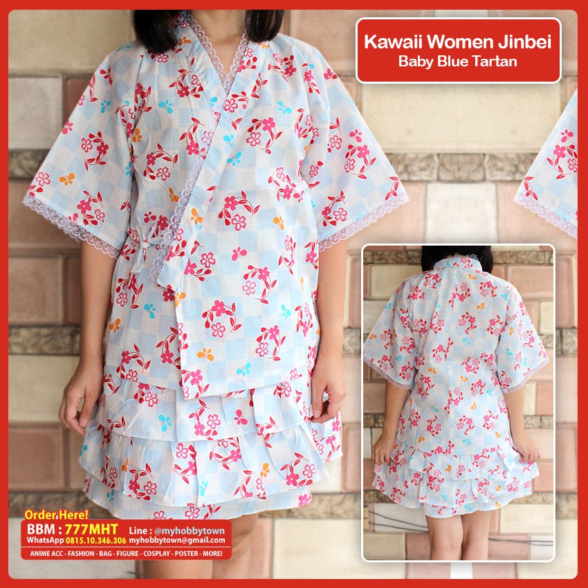 Kawaii Jinbei Wanita : Baby Blue Tartan