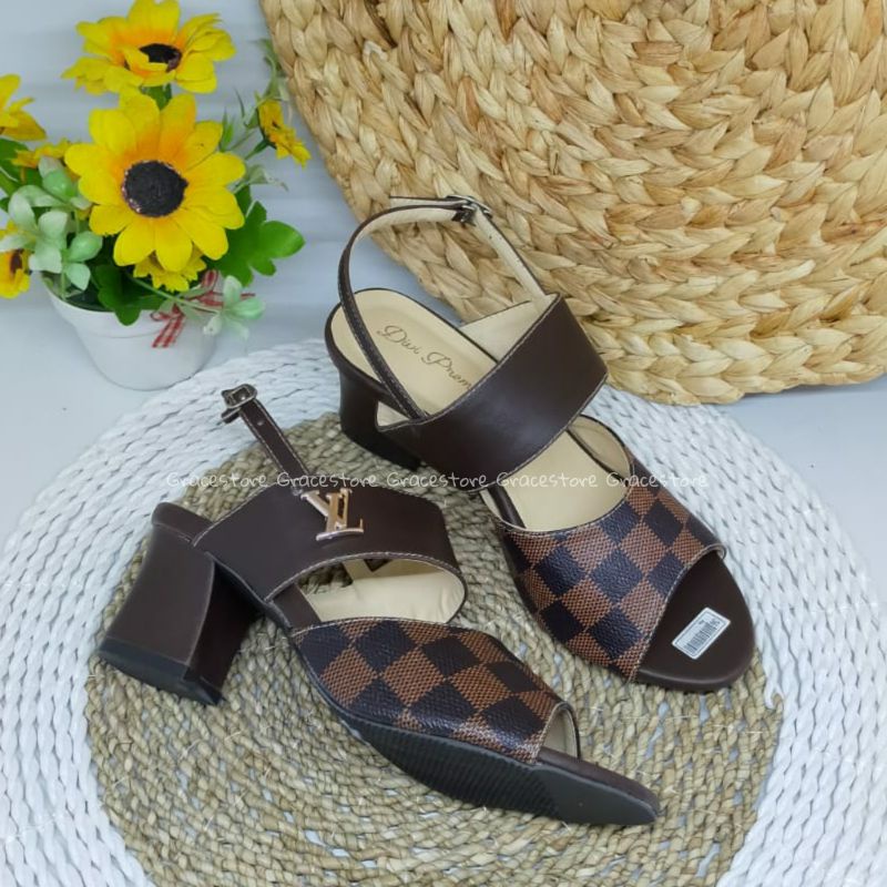 Sandal Tali belakang elvi damier hak tahu High heels cokelat Heels wanita  Pd318