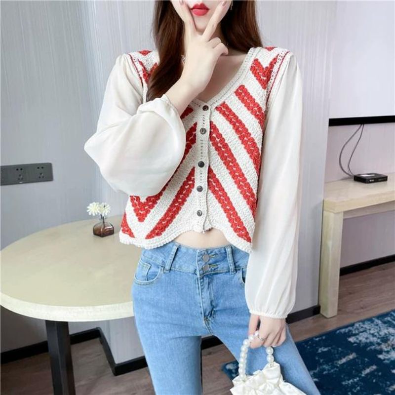 MDLV ~ 62110 Hannah Crochet Cardigan Organic Cotton combi Sifon Import Korea Look Fashion Import