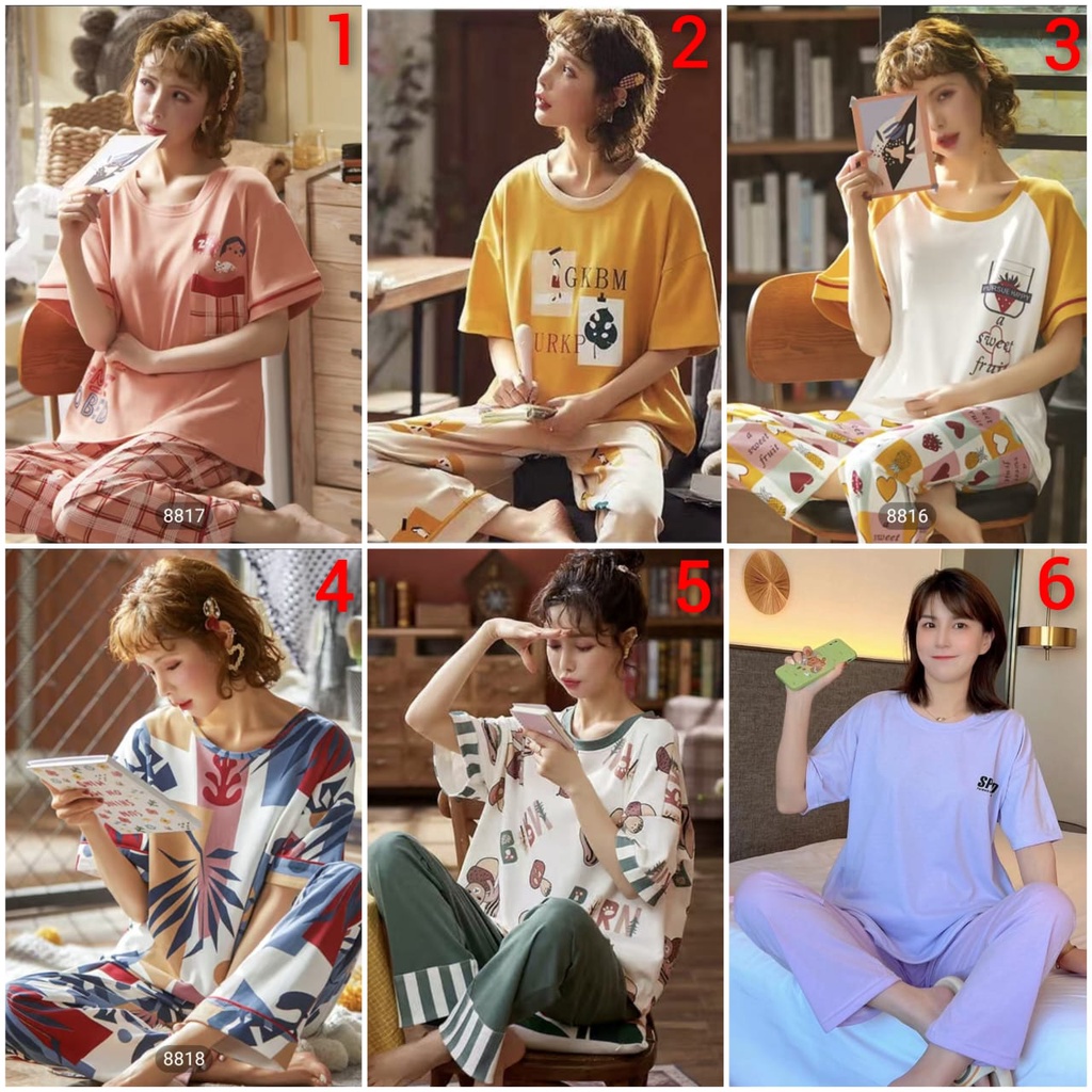 Baju tidur piyama lengan pendek celana panjang bahan kaos import