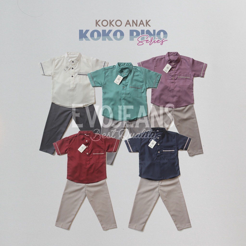 Baju Koko Anak Laki laki Setelan Baju dan Celana Pinggang Karet Koko Bayi Laki Laki 6 12 Bulan 1 2 3 4 Tahun Warna Wardah Toska Navy Marun Putih  Buat Sekolah TPQ MDA - Baju  Koko Anak Bahan Toyobo Premium Adem Nyaman dipakai Bayi Koko Pino - Evo jeans