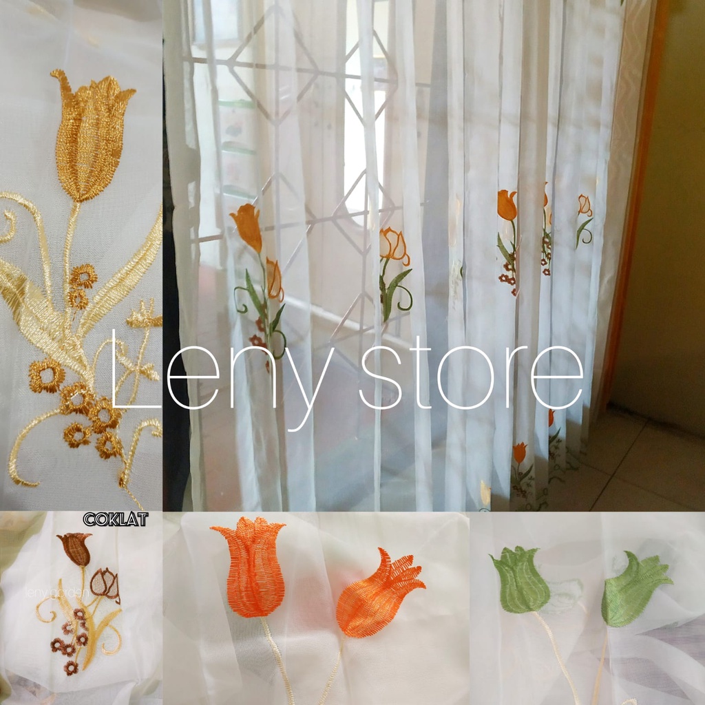 ❤LENYS❤Vitrase bordir tinggi 230cm ,240cm,250cm gorden vitras putih transparan motif warna abu mewah