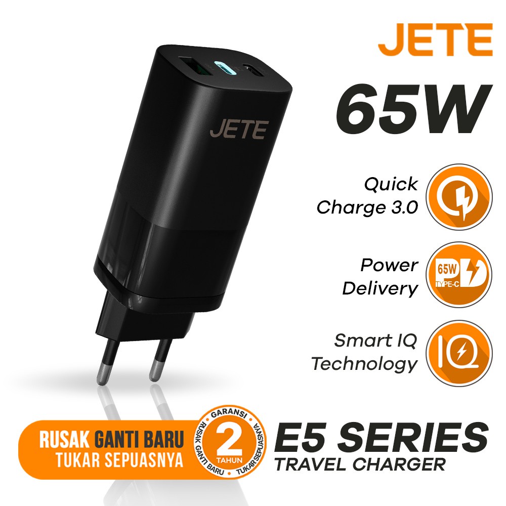 Kepala Charger | Adaptor Hp Fast Charger 65 Watt 3 Port Power Delivery JETE E5  - Garansi 2 Tahun