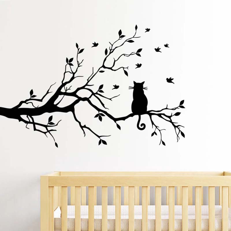 Stiker Dinding Decal Desain Cat on Branch Serba Guna, Dapat Dicopot, 58x38cm