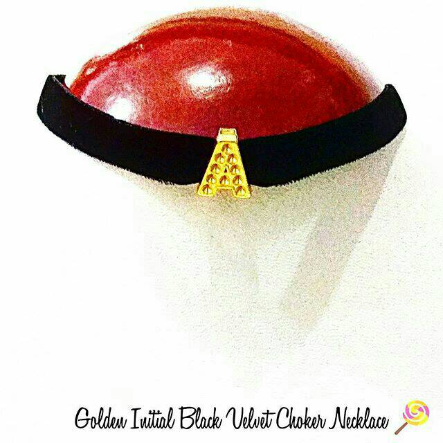HURUF A HABIS. TERMURAH Golden Initial Custom Black Velvet Choker Necklace | Kalung Handmade